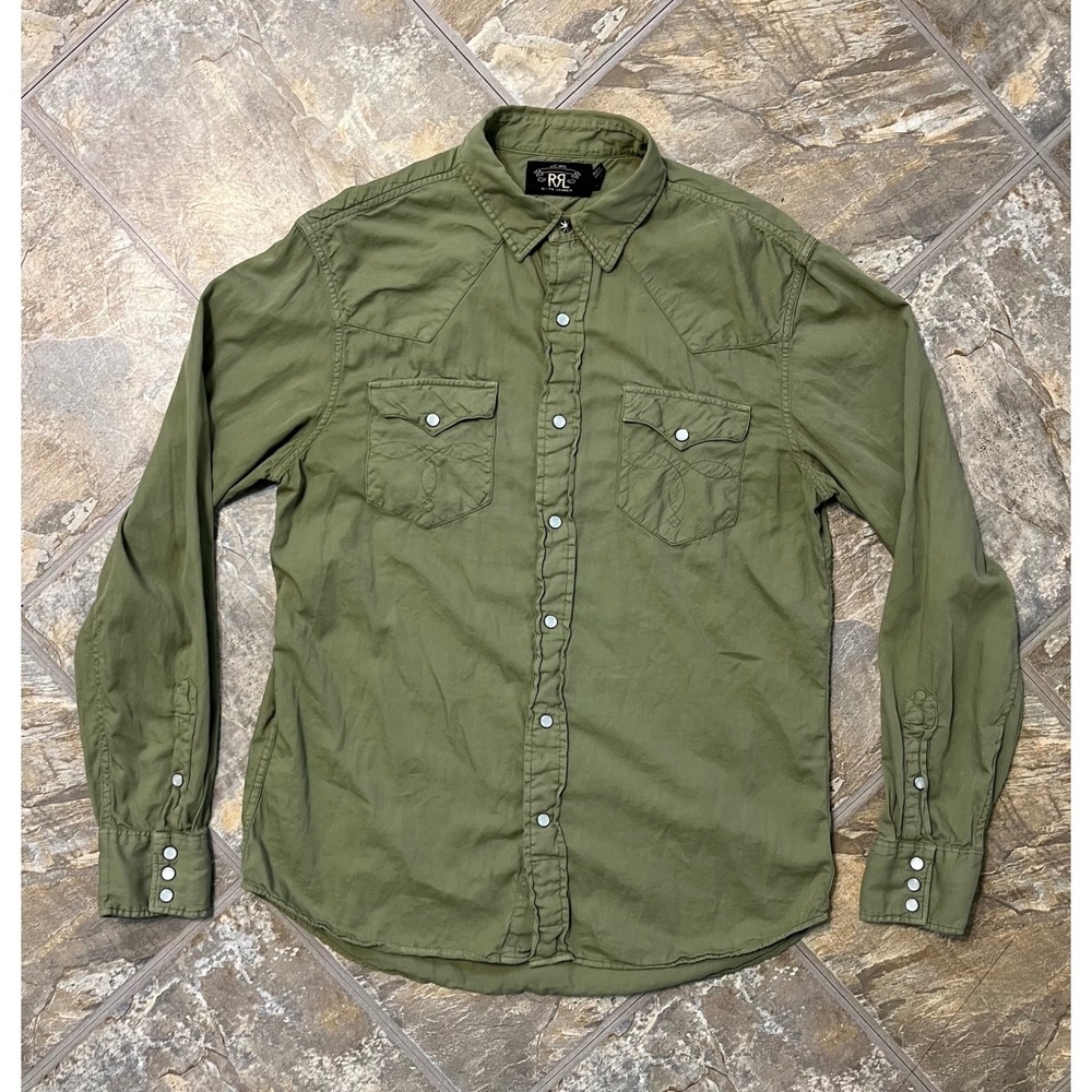 RRL Ralph Lauren Western Shirt Mens Medium Green Snap Cotton Twill